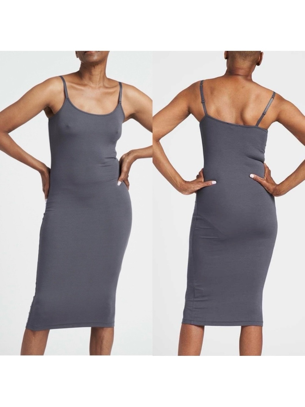 Universal Standard Foundation Cami Ribbed Slip Midi Dress: Slate Grey